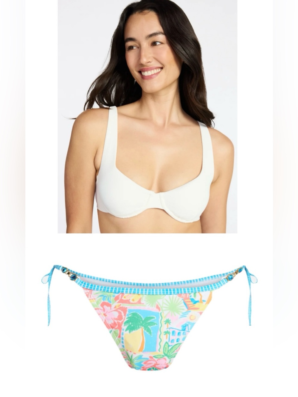 NWT White Underwire Bikini Top and Tropical Print Tie-Side Bottoms 2 PC Set